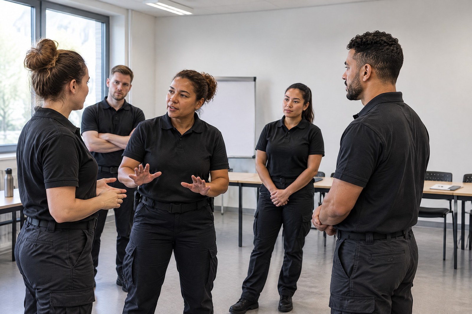 Teilnehmer und Trainer üben praxisnah Inhalte für die Sachkundeprüfung §34a im Sicherheitsunterricht