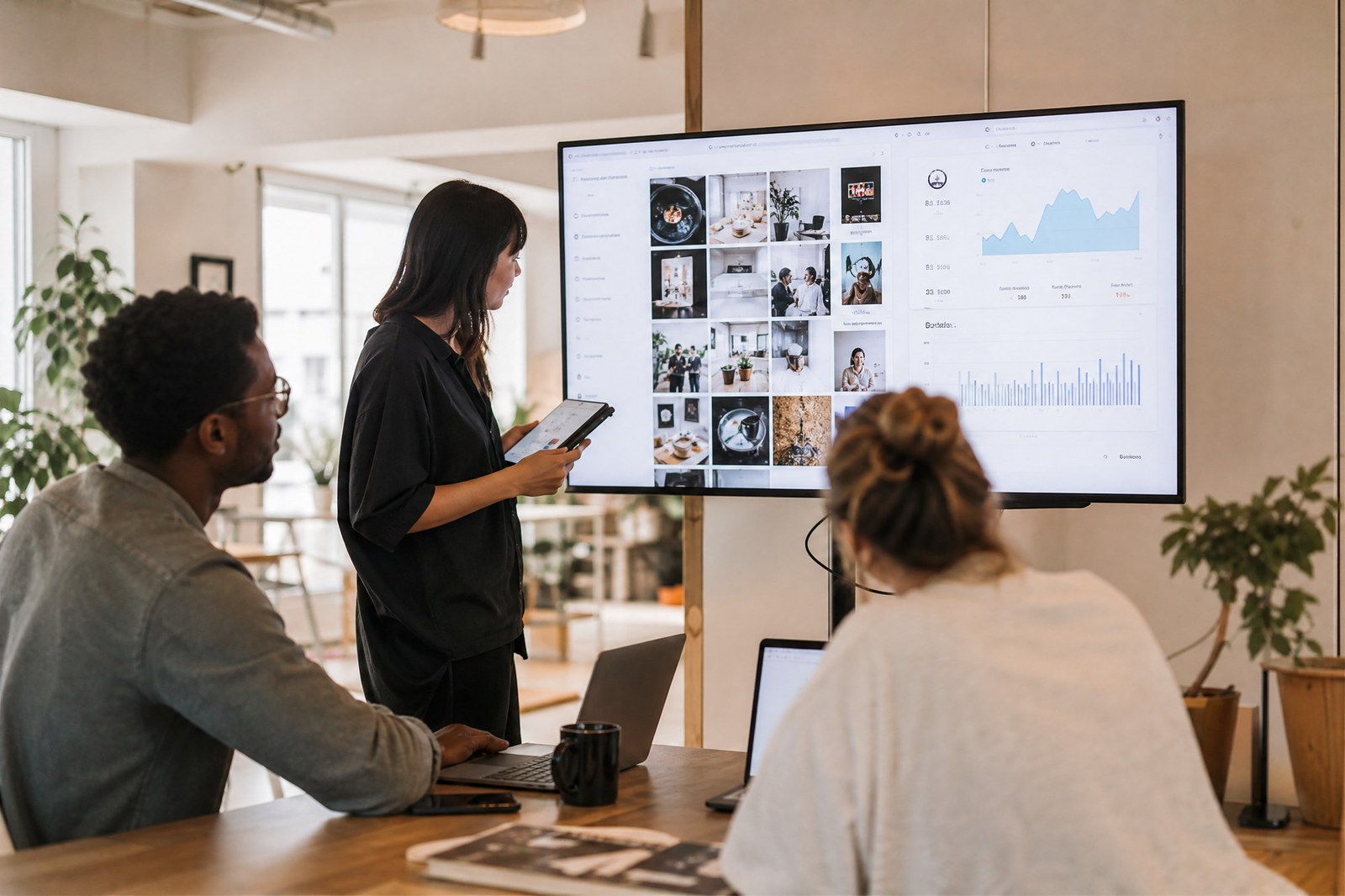 Ein Team präsentiert digitale Weiterbildungsinhalte und plant gemeinsam den geförderten Einstieg in KI