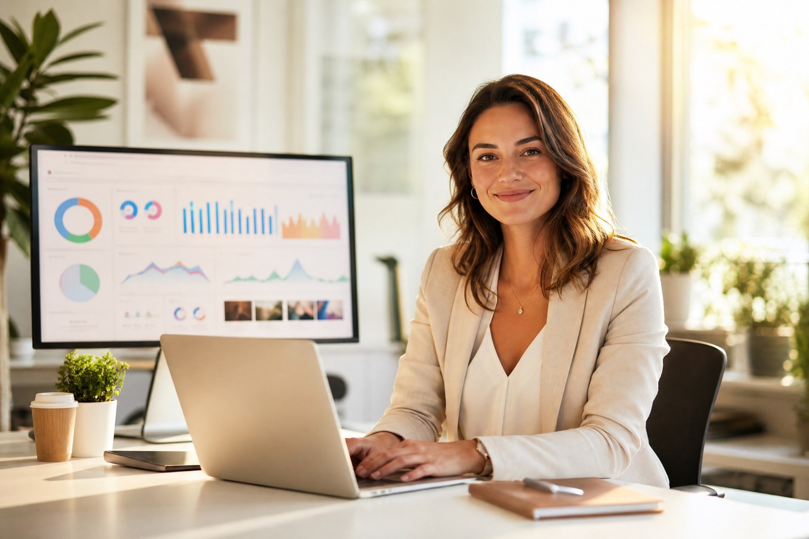 Eine Social Media Managerin arbeitet an einem modernen Arbeitsplatz an Content und digitaler Kommunikation