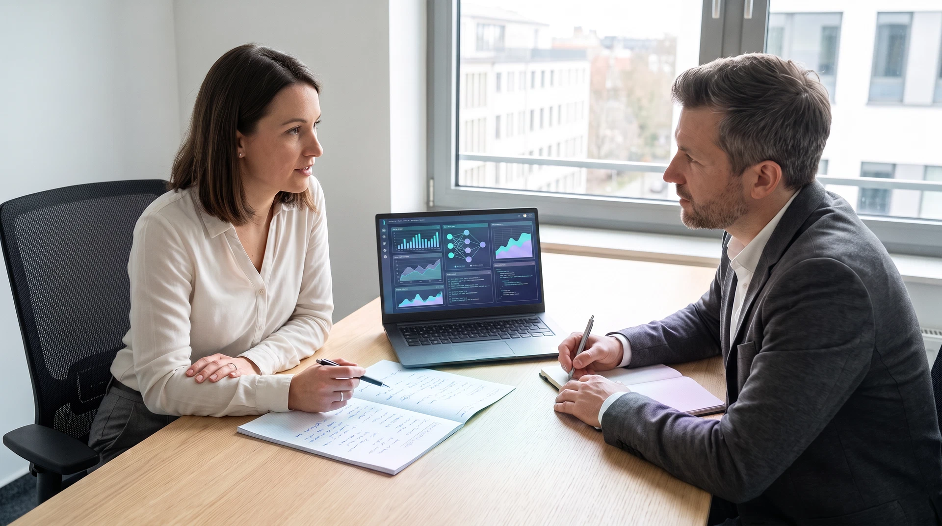 Eine Teilnehmerin und ein Berater besprechen am Laptop die Förderung einer praxisnahen KI-Weiterbildung.