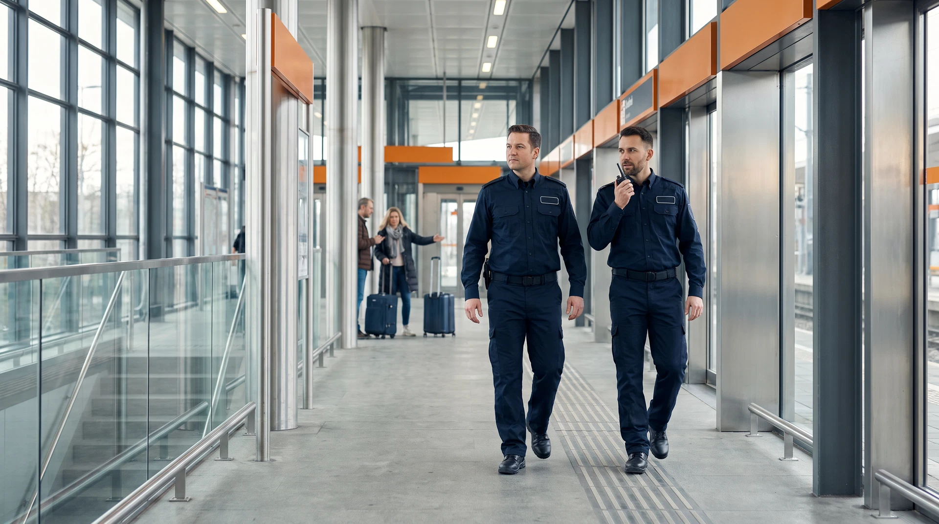 Zwei männliche Sicherheits- und Servicekräfte koordinieren sich aufmerksam mit Funkgeräten auf einem modernen Bahnsteig