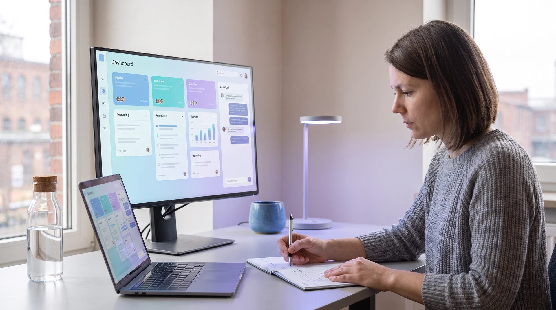 Eine Teilnehmerin nutzt KI-Software an einem modernen Arbeitsplatz mit Laptop und zusätzlichem Bildschirm.