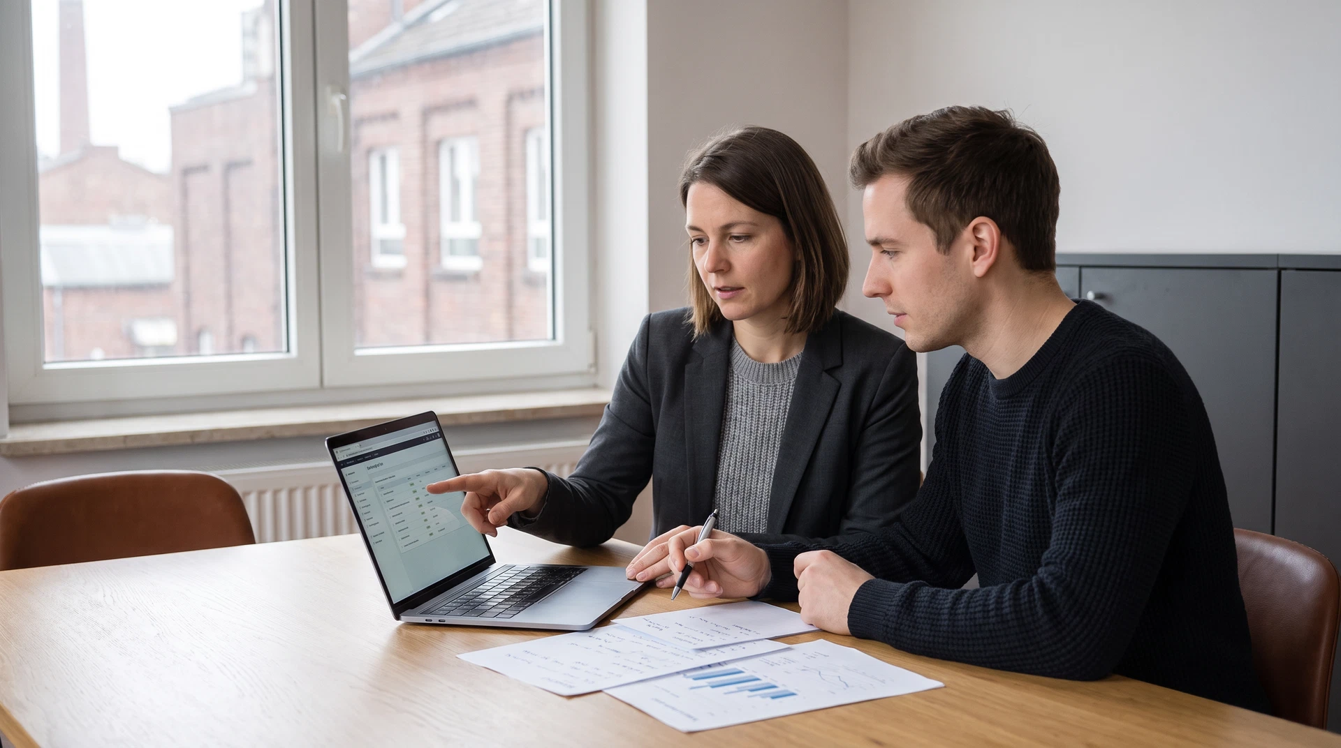 Beschäftigte Person und Führungskraft planen gemeinsam eine geförderte Weiterbildung am Laptop.